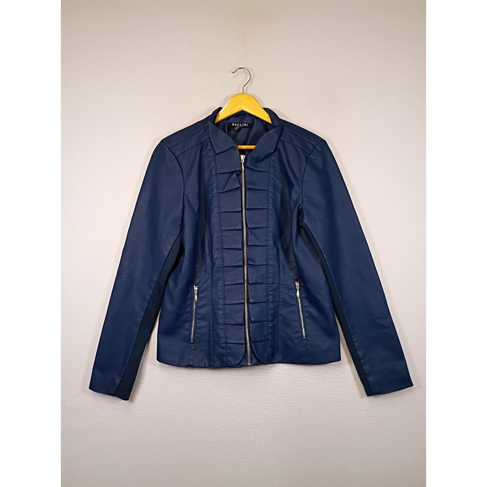 Edgy Chic Baccini Women Medium Navy Blue Ruffle Vegan Leather Moto Jacket